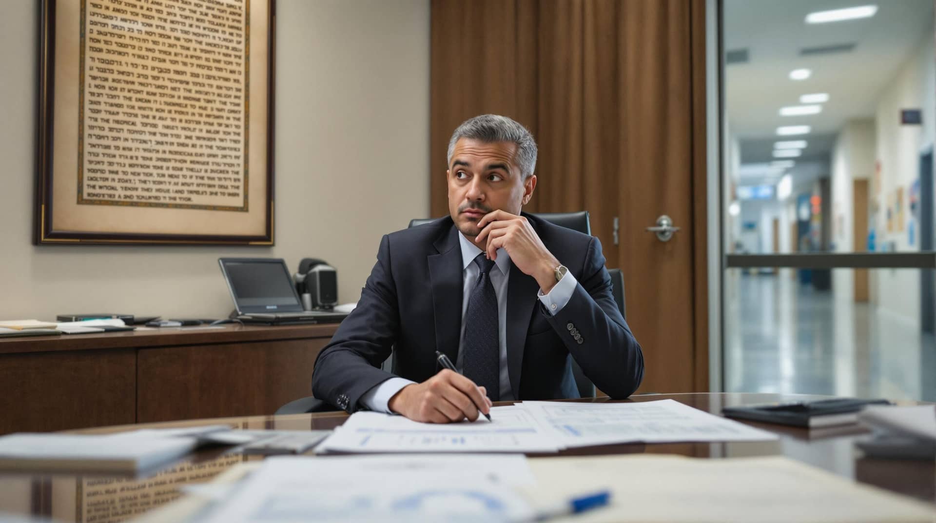 Healthcare administrator at desk reviewing spreadsheets and medical data, contemplating healthcare budget ethics while balancing financial constraints with patient care needs in hospital setting.