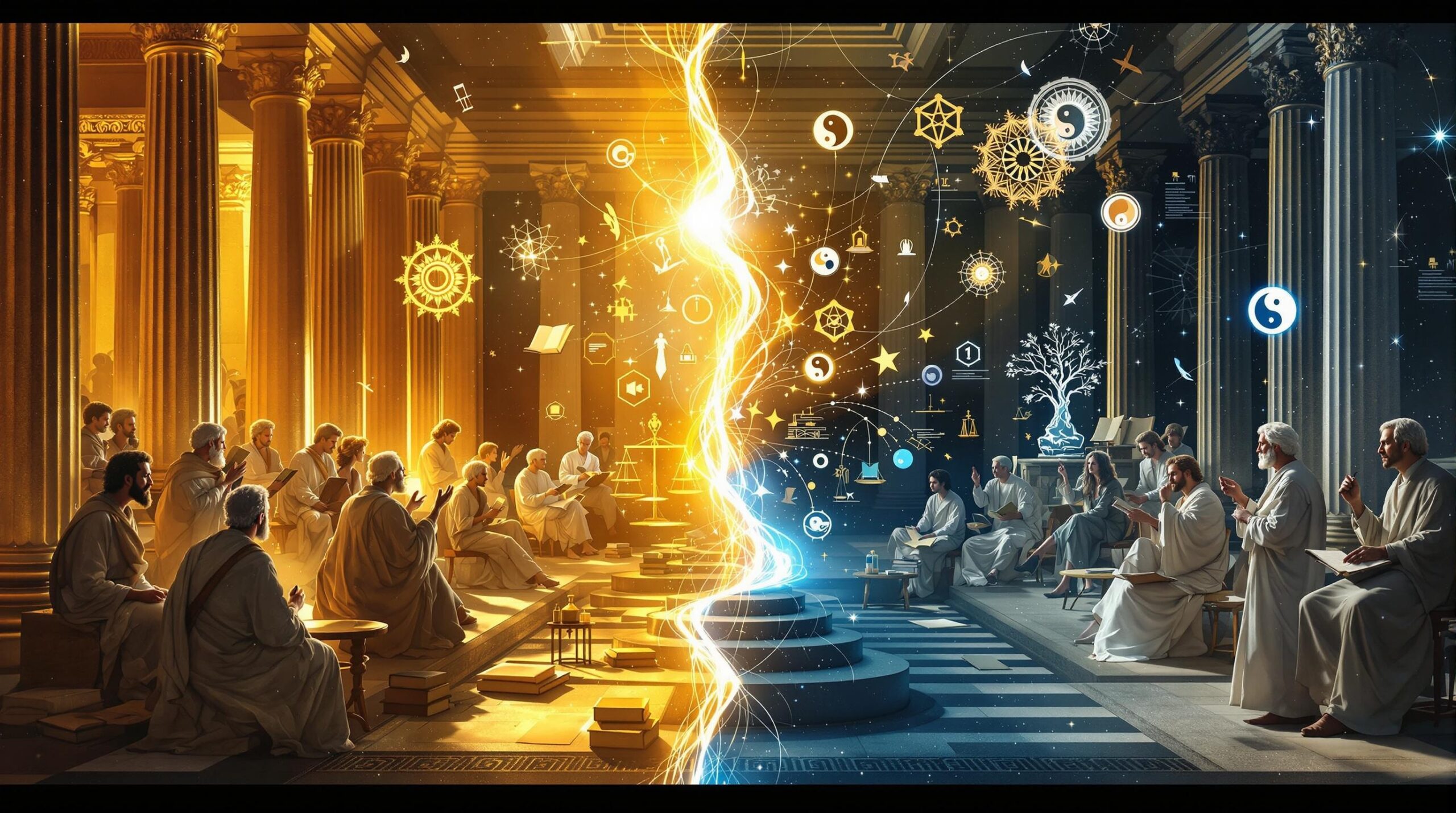 Split-screen philosophical composition exploring "Can Morality Exist Without God" showing ancient Greek philosophers in marble columns on left contrasted with modern scholars and scientific instruments on right, connected by floating timeline of ethical symbols from Buddhist wheels to neural networks.