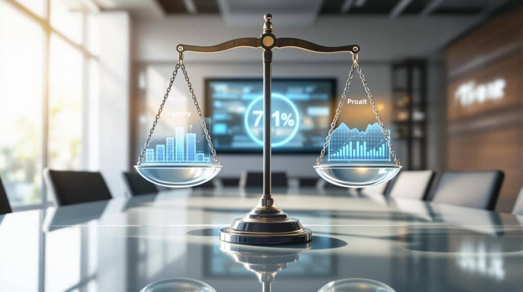 A diverse group of executives gather in a modern boardroom where a glass scale balances profit and integrity, demonstrating how creating ethical culture yields a 7.1% performance gain on digital displays, with transparent frameworks and natural light conveying corporate purpose.