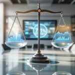 A diverse group of executives gather in a modern boardroom where a glass scale balances profit and integrity, demonstrating how creating ethical culture yields a 7.1% performance gain on digital displays, with transparent frameworks and natural light conveying corporate purpose.
