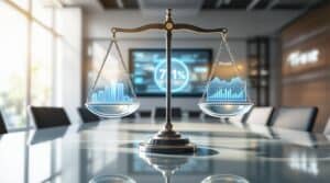 A diverse group of executives gather in a modern boardroom where a glass scale balances profit and integrity, demonstrating how creating ethical culture yields a 7.1% performance gain on digital displays, with transparent frameworks and natural light conveying corporate purpose.