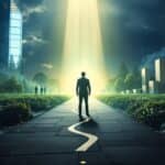 Business executive standing at a crossroads, with one path showing diverse teams and sustainable growth illuminated by light, demonstrating how integrity in business leads to superior long-term performance compared to the shadowy path of short-term profits.