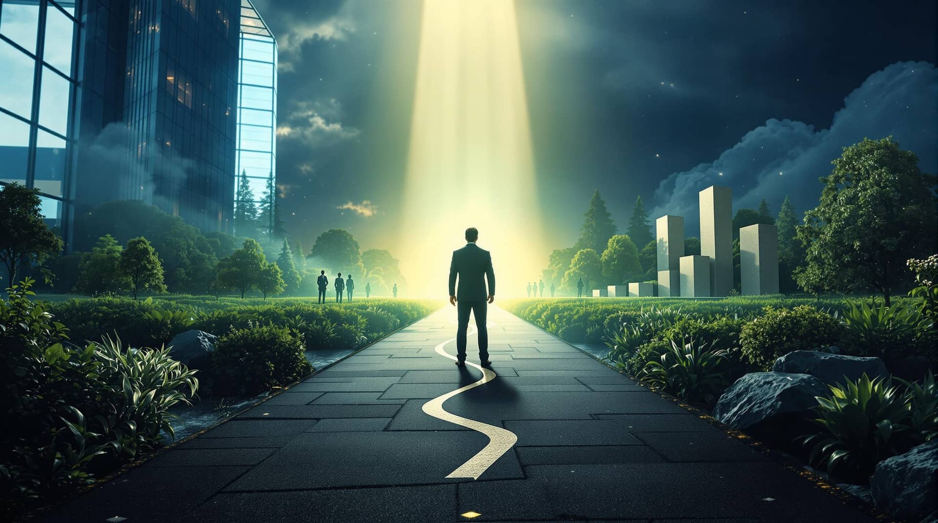 Business executive standing at a crossroads, with one path showing diverse teams and sustainable growth illuminated by light, demonstrating how integrity in business leads to superior long-term performance compared to the shadowy path of short-term profits.