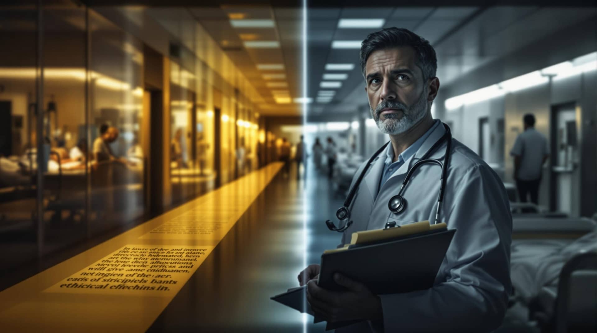 Healthcare professional facing medical ethical dilemmas at hospital crossroads, contemplating two paths - one with patients receiving care, one with waiting patients, symbolizing difficult resource allocation decisions in a constrained healthcare environment. 