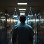 Healthcare worker standing at hospital corridor intersection facing medical ethical dilemmas, with limited resources visible and symbolic paths representing difficult patient care choices.