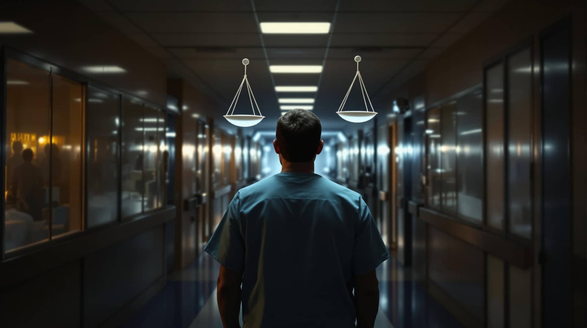 Healthcare worker standing at hospital corridor intersection facing medical ethical dilemmas, with limited resources visible and symbolic paths representing difficult patient care choices.