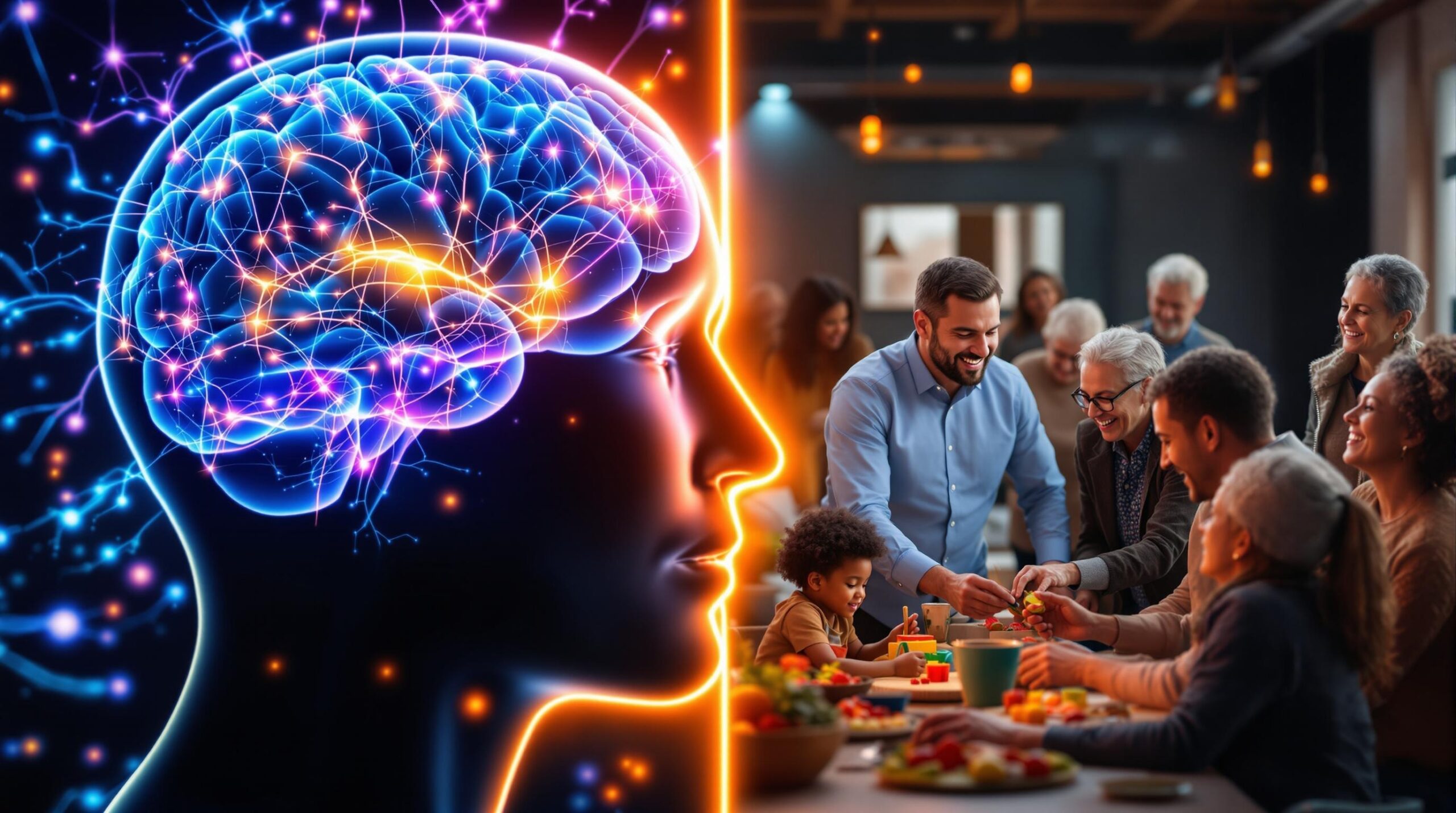 Split-screen image exploring whether morality can exist without God, showing a glowing cross-section of the human brain with neural pathways on the left connected to diverse people performing acts of kindness and cooperation across cultures on the right, illustrating the relationship between neuroscience and universal moral behavior.