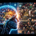 Split-screen scientific illustration exploring "Can Morality Exist Without God" showing luminous brain cross-section with glowing neural pathways on left, diverse people performing compassionate acts on right, connected by DNA helixes and evolutionary trees in the center.