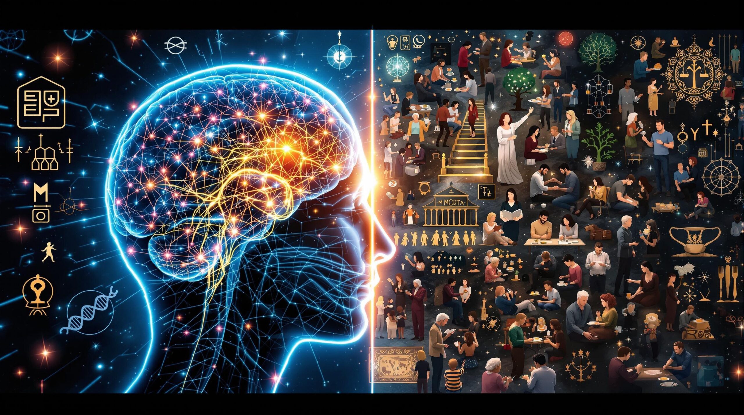 Split-screen scientific illustration exploring "Can Morality Exist Without God" showing luminous brain cross-section with glowing neural pathways on left, diverse people performing compassionate acts on right, connected by DNA helixes and evolutionary trees in the center.