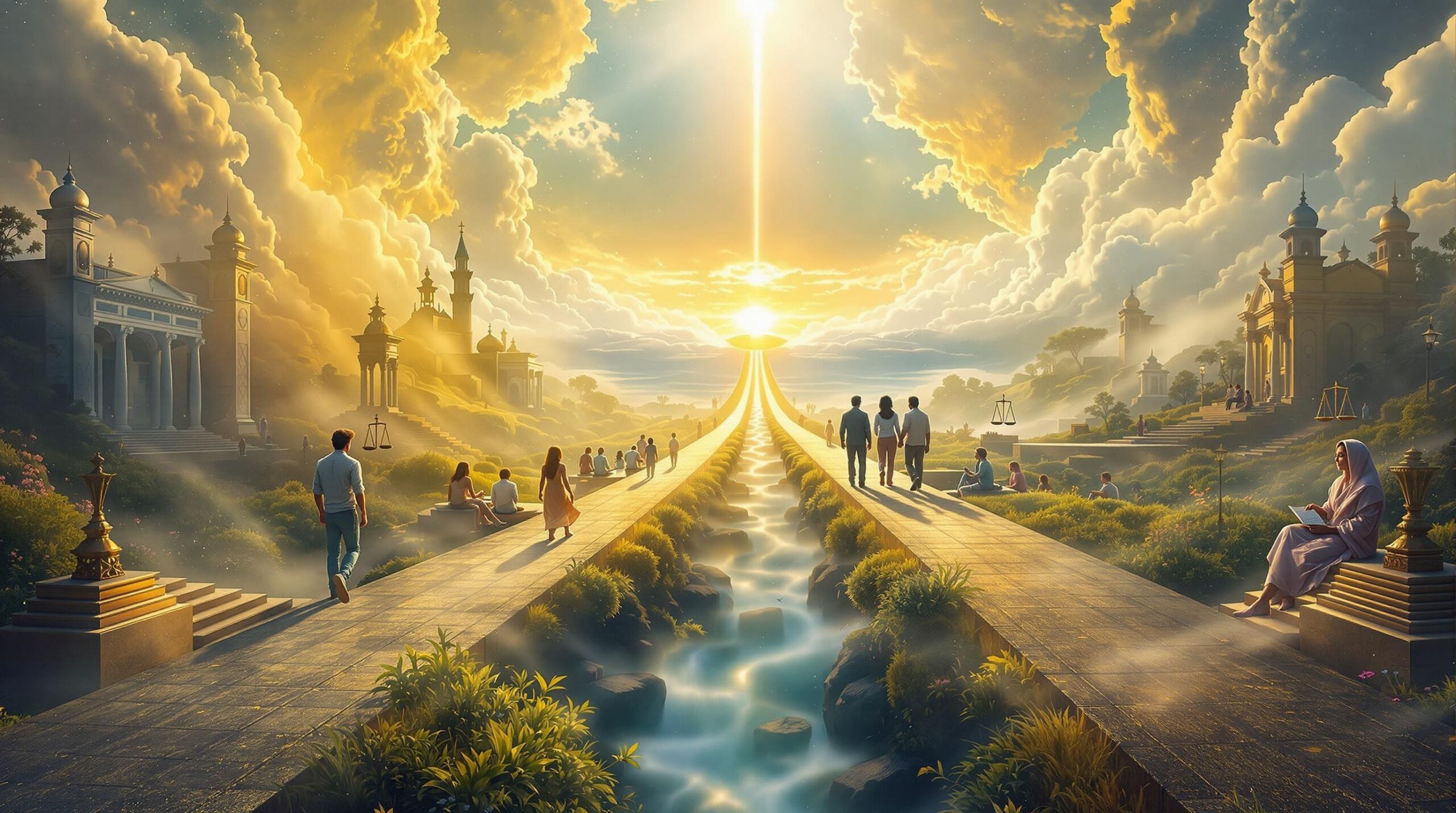 Two diverging paths representing religious and secular approaches to morality converge at a horizon where diverse people engage in dialogue, illustrating the question 'Can Morality Exist Without God' through contrasting divine golden light on one path and humanistic warm light on the other.