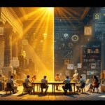 Split-screen philosophical composition exploring "Can Morality Exist Without God" showing divine religious elements on left, secular humanistic symbols on right, converging at center discussion table with diverse people in thoughtful dialogue.