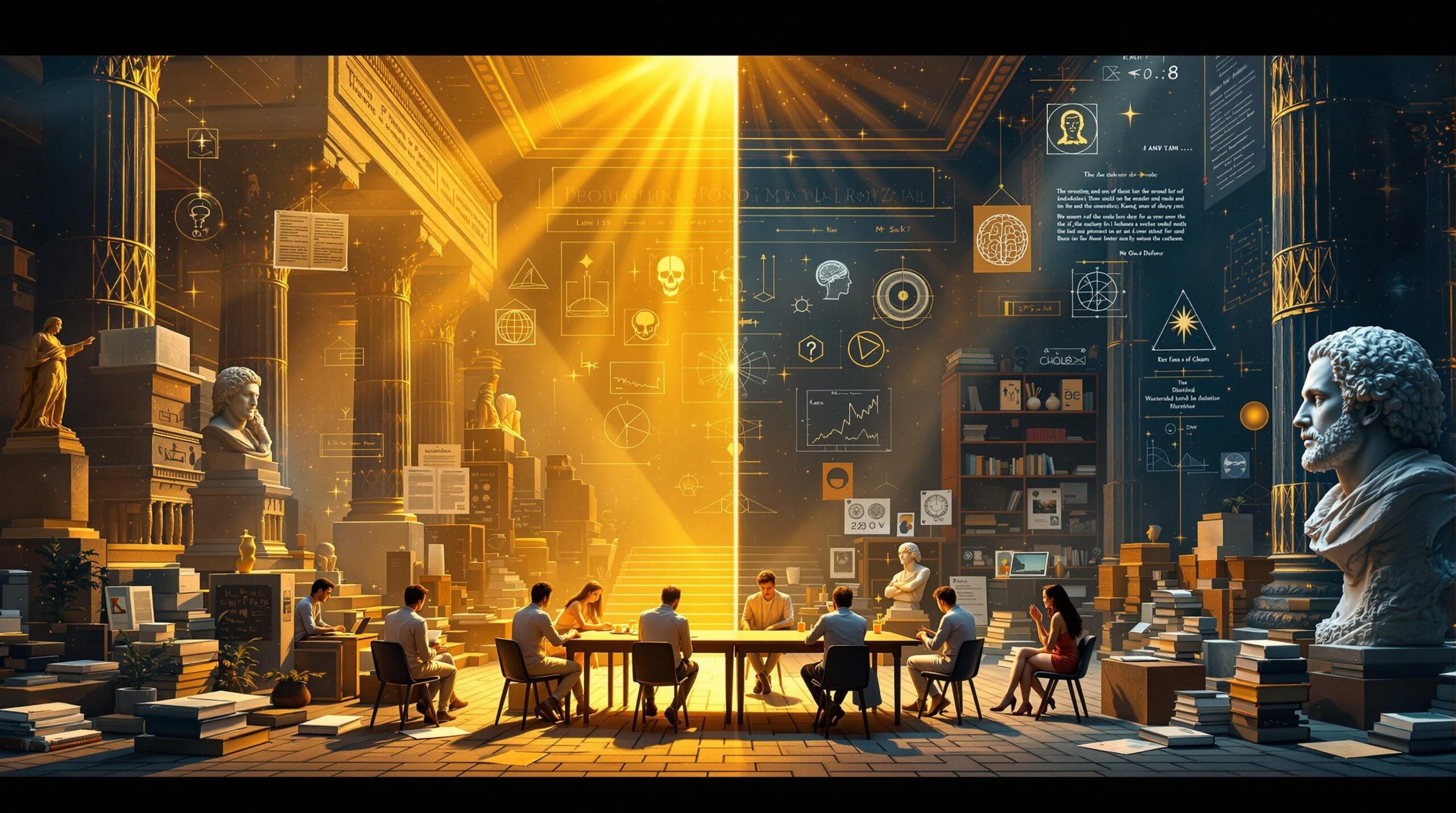 Split-screen philosophical composition exploring "Can Morality Exist Without God" showing divine religious elements on left, secular humanistic symbols on right, converging at center discussion table with diverse people in thoughtful dialogue.