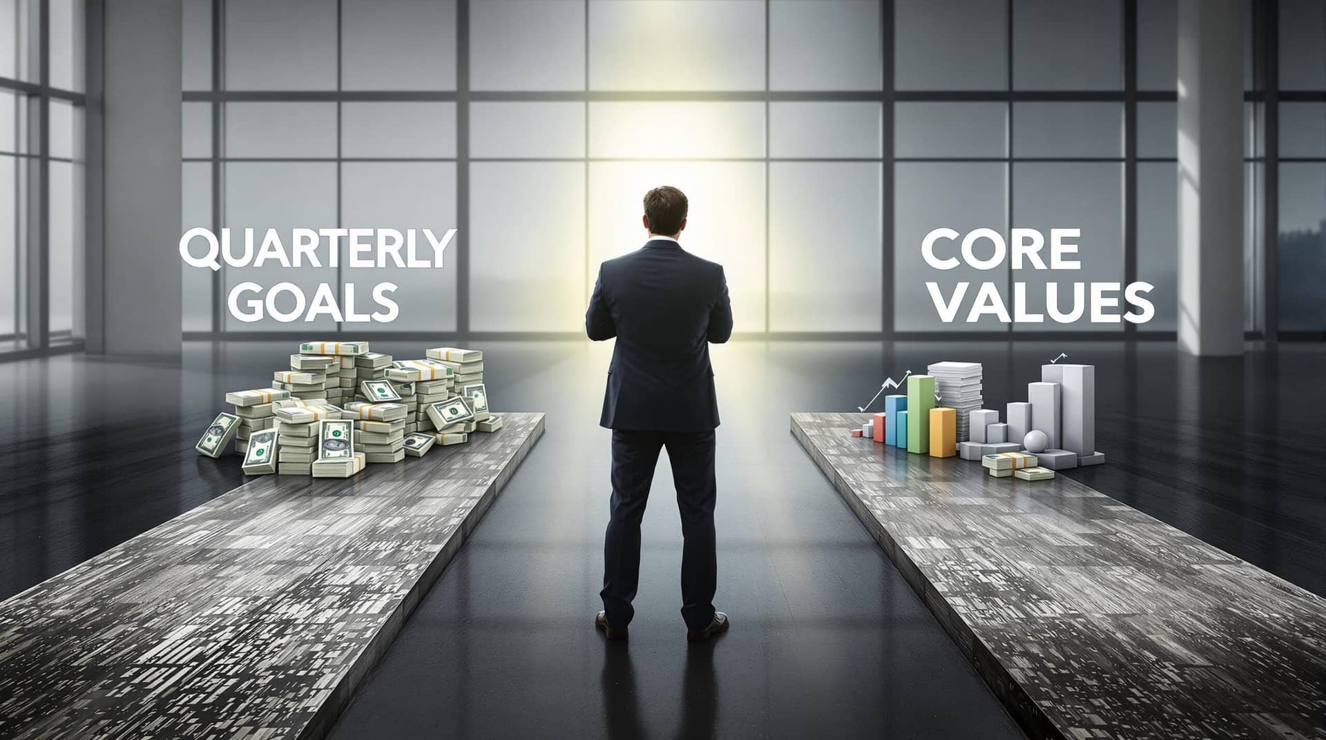 A business leader stands at a crossroads between corporate goals and core values illustrating the need for values based leadership.