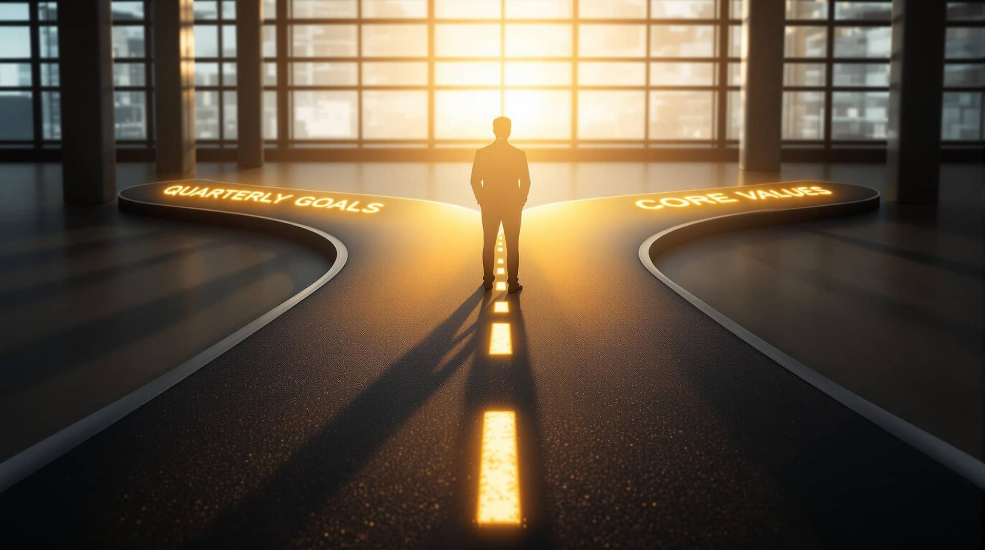 Business professional at a crossroads deciding between paths labeled "QUARTERLY GOALS" and "CORE VALUES" while considering a third illuminated path representing values based leadership, with sunlight streaming through office windows.