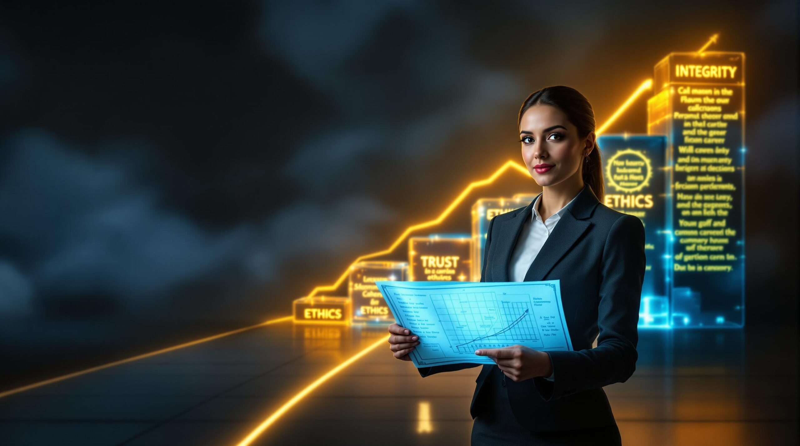 Professional businesswoman standing at a metaphorical crossroads, choosing between a path of integrity and one of dishonesty, symbolizing the importance of maintaining a personal code of ethics in career advancement.
