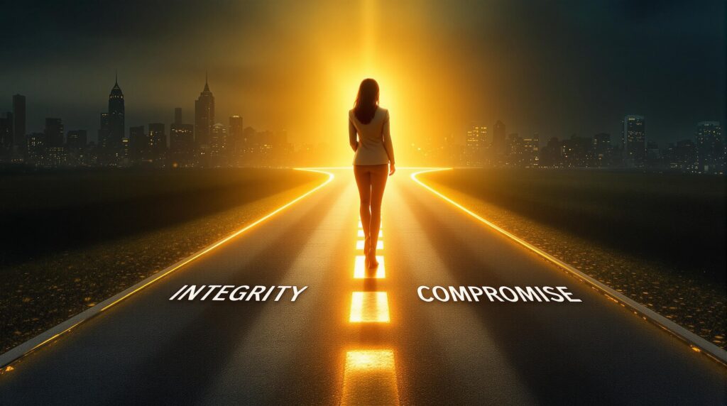 A businesswoman at a crossroads chooses the illuminated "Integrity" path over shadowy "Compromise," demonstrating how a personal code of ethics guides professional decisions and career advancement.