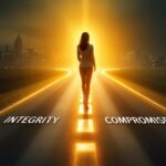 A businesswoman at a crossroads chooses the illuminated "Integrity" path over shadowy "Compromise," demonstrating how a personal code of ethics guides professional decisions and career advancement.