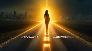 A businesswoman at a crossroads chooses the illuminated "Integrity" path over shadowy "Compromise," demonstrating how a personal code of ethics guides professional decisions and career advancement.