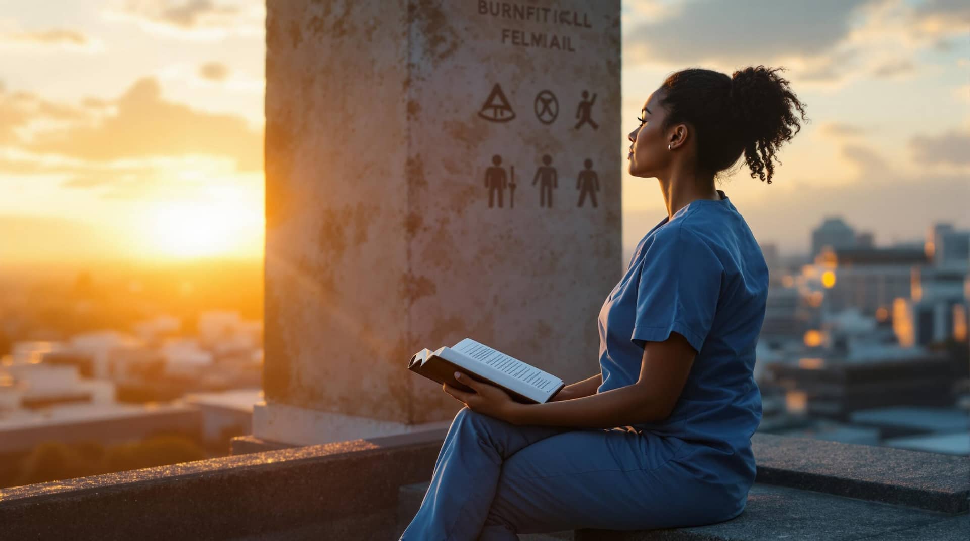 Healthcare provider in blue scrubs journaling on hospital rooftop at sunrise, seated between ancient pillar with medical ethics symbols and modern cityscape, embodying the transition from burnout to resilience. 