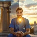 Healthcare provider in blue scrubs journaling on hospital rooftop at sunrise, framed by ancient Greek medical symbols and modern hospital architecture, symbolizing the balance between medical ethics and professional burnout.