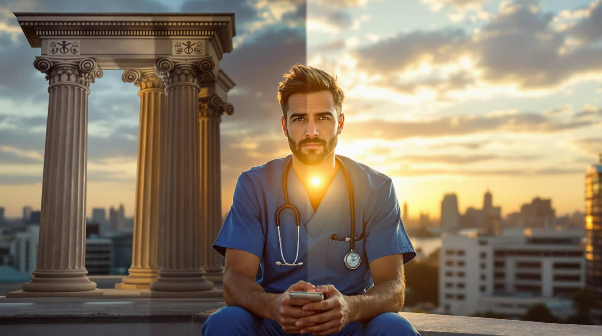 Healthcare provider in blue scrubs journaling on hospital rooftop at sunrise, framed by ancient Greek medical symbols and modern hospital architecture, symbolizing the balance between medical ethics and professional burnout.