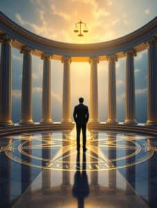 A business professional stands at the center of a classical circular chamber with six marble columns, facing toward golden light. The word 'DANIEL' is inscribed in a compass-like pattern on the reflective floor, while the scales of justice appear in the sky above. The blue and gold color palette symbolizes wisdom and ethical clarity in decision-making.