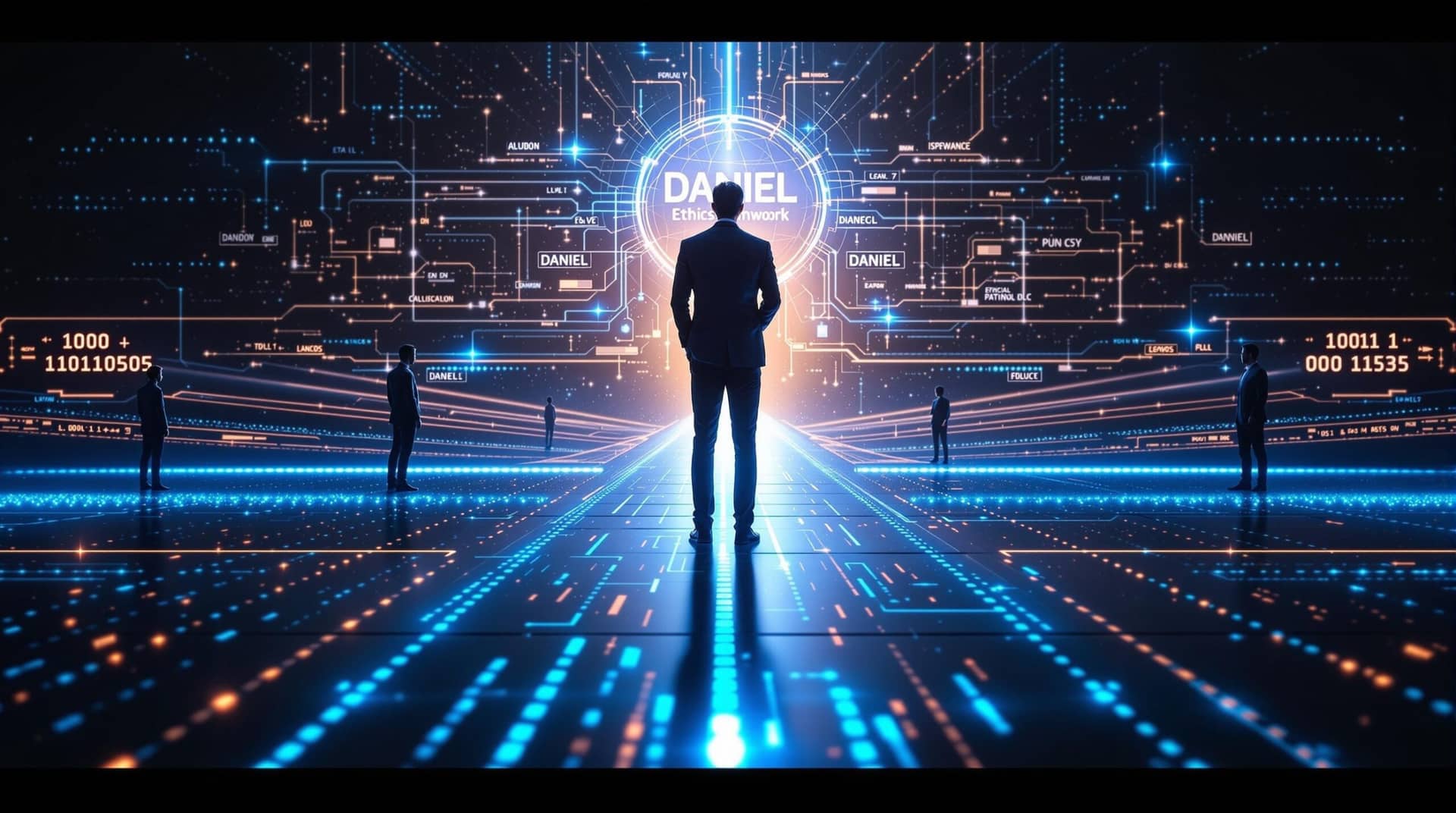 A contemplative tech leader stands at digital crossroads with glowing pathways, referencing a floating DANIEL framework while making an ethical decision making choice as team members wait in the background, illuminated by blue technological lighting against a subtle binary code backdrop. 