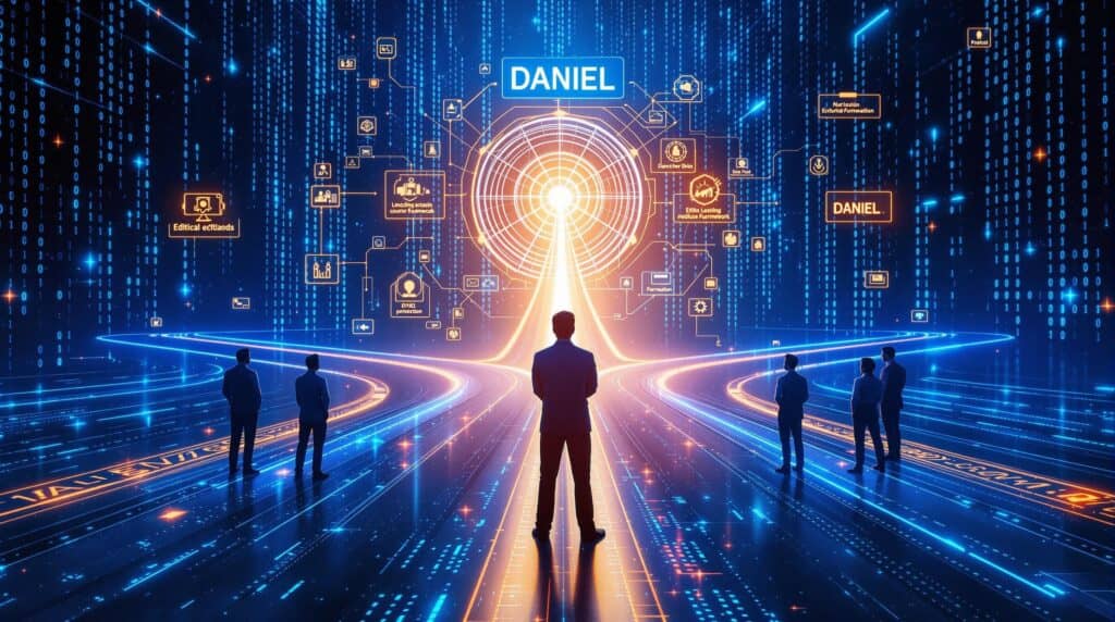 A contemplative tech leader at a digital crossroads considers ethical decision making while referencing the DANIEL framework, as team members wait behind them in a blue-lit environment with binary code elements in the background.