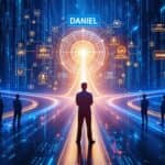A contemplative tech leader at a digital crossroads considers ethical decision making while referencing the DANIEL framework, as team members wait behind them in a blue-lit environment with binary code elements in the background.