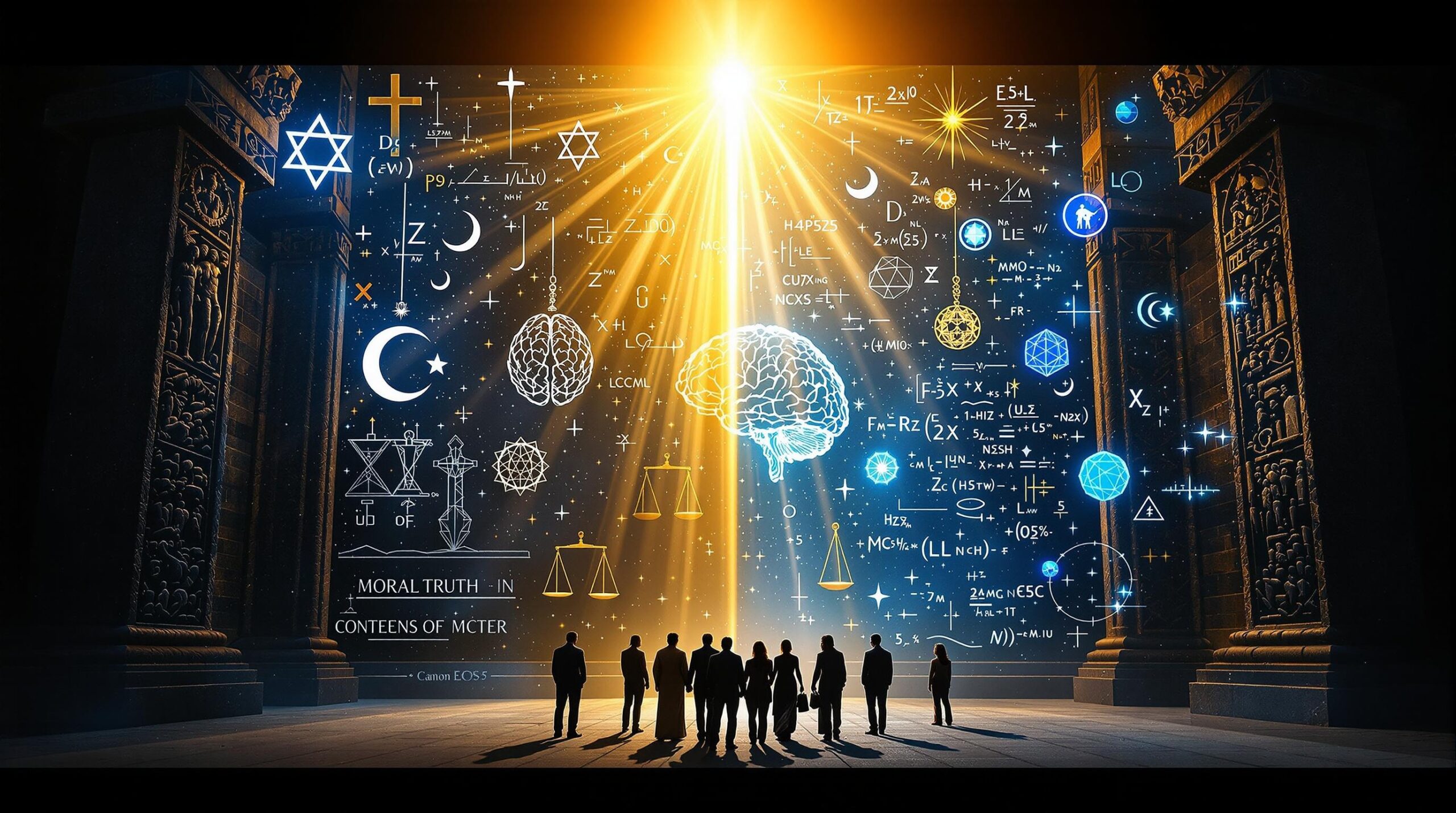Split composition illustrating moral philosophy debate, showing divine religious symbols with golden light on left contrasted with secular philosophical symbols in blue light on right, with diverse human figures meeting in center representing shared moral understanding.