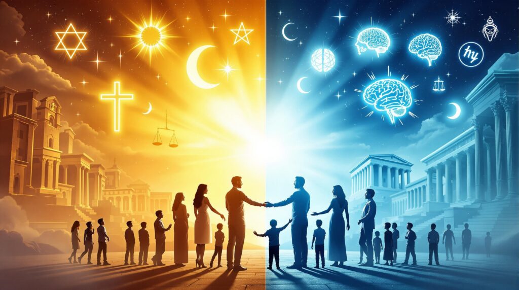 Philosophical illustration exploring "Can Morality Exist Without God" showing split composition with religious symbols and divine light on left side, secular ethics symbols and rational structures on right side, connected by diverse group of people standing together representing shared moral understanding across different belief systems.