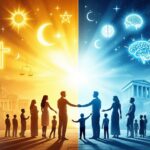 Philosophical illustration exploring "Can Morality Exist Without God" showing split composition with religious symbols and divine light on left side, secular ethics symbols and rational structures on right side, connected by diverse group of people standing together representing shared moral understanding across different belief systems.