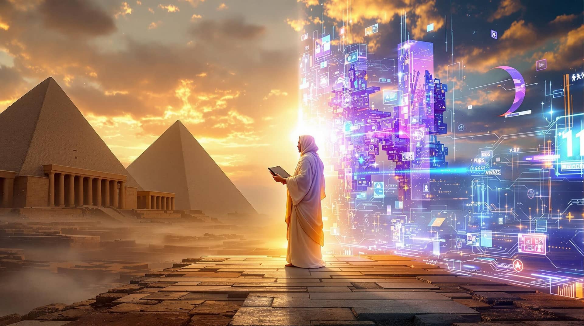 A visionary figure bridges ancient Babylon and a futuristic metaverse, wearing split traditional/modern attire while holding both a clay tablet and digital interface, symbolizing how digital ethics principles transcend time and technological evolution.