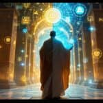 A figure in split ancient/futuristic attire stands between Babylonian architecture and a digital landscape, holding both a clay tablet and modern interface with glowing symbols representing digital ethics principles that connect across millennia.