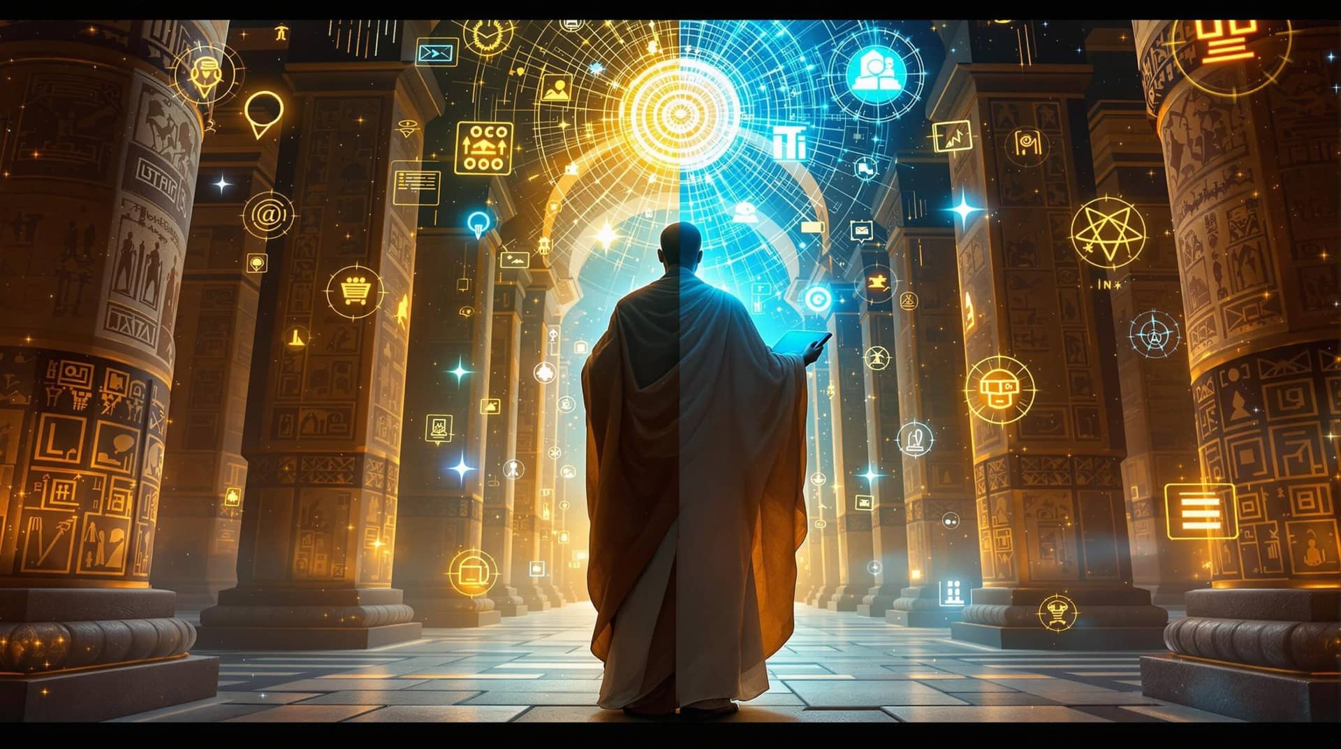A figure in split ancient/futuristic attire stands between Babylonian architecture and a digital landscape, holding both a clay tablet and modern interface with glowing symbols representing digital ethics principles that connect across millennia.