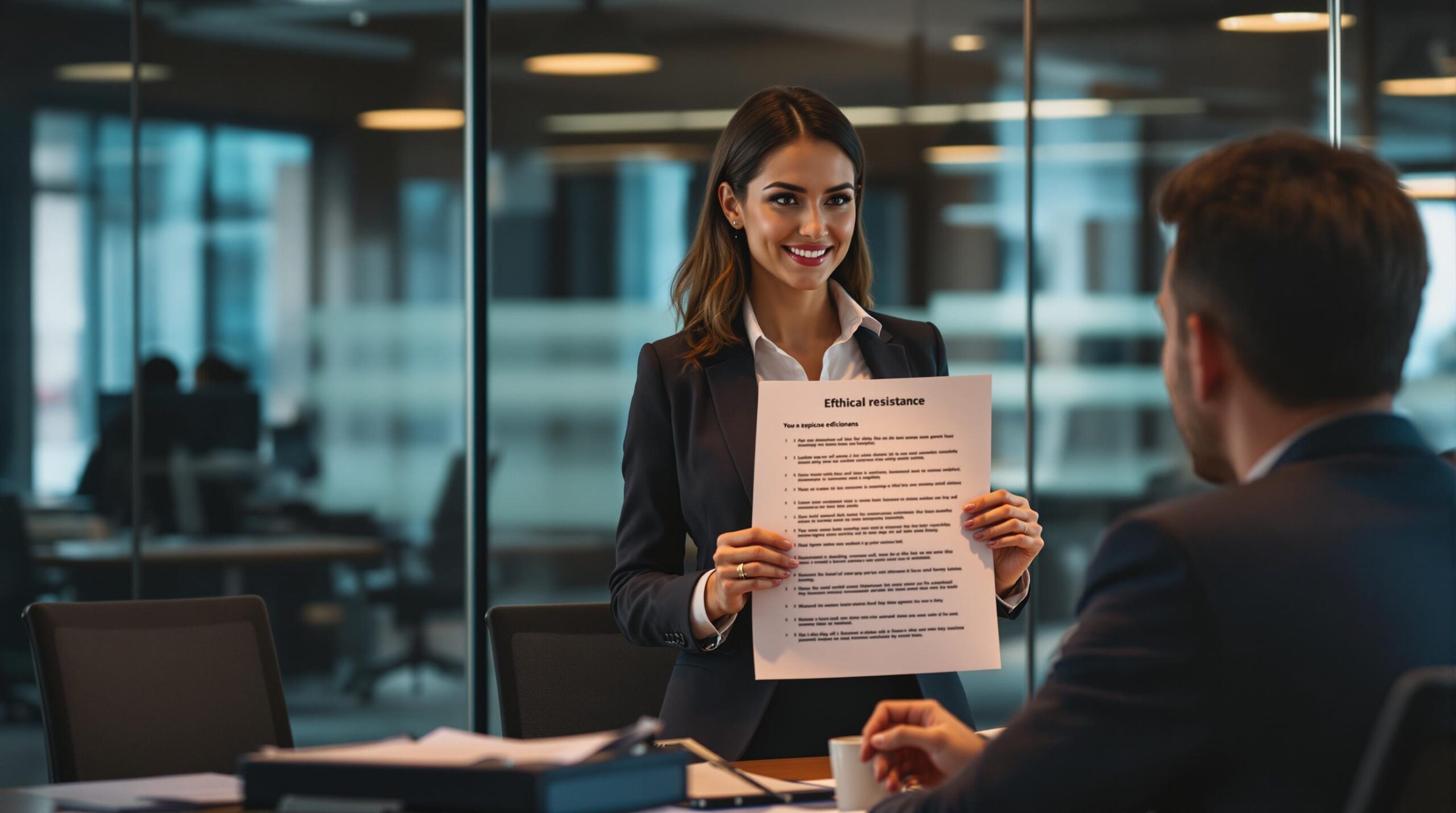 Professional woman in business attire stands confidently at her desk facing her male boss, holding a document with highlighted text, demonstrating an ethical workplace conversation that balances assertiveness with respect in a modern office environment. 