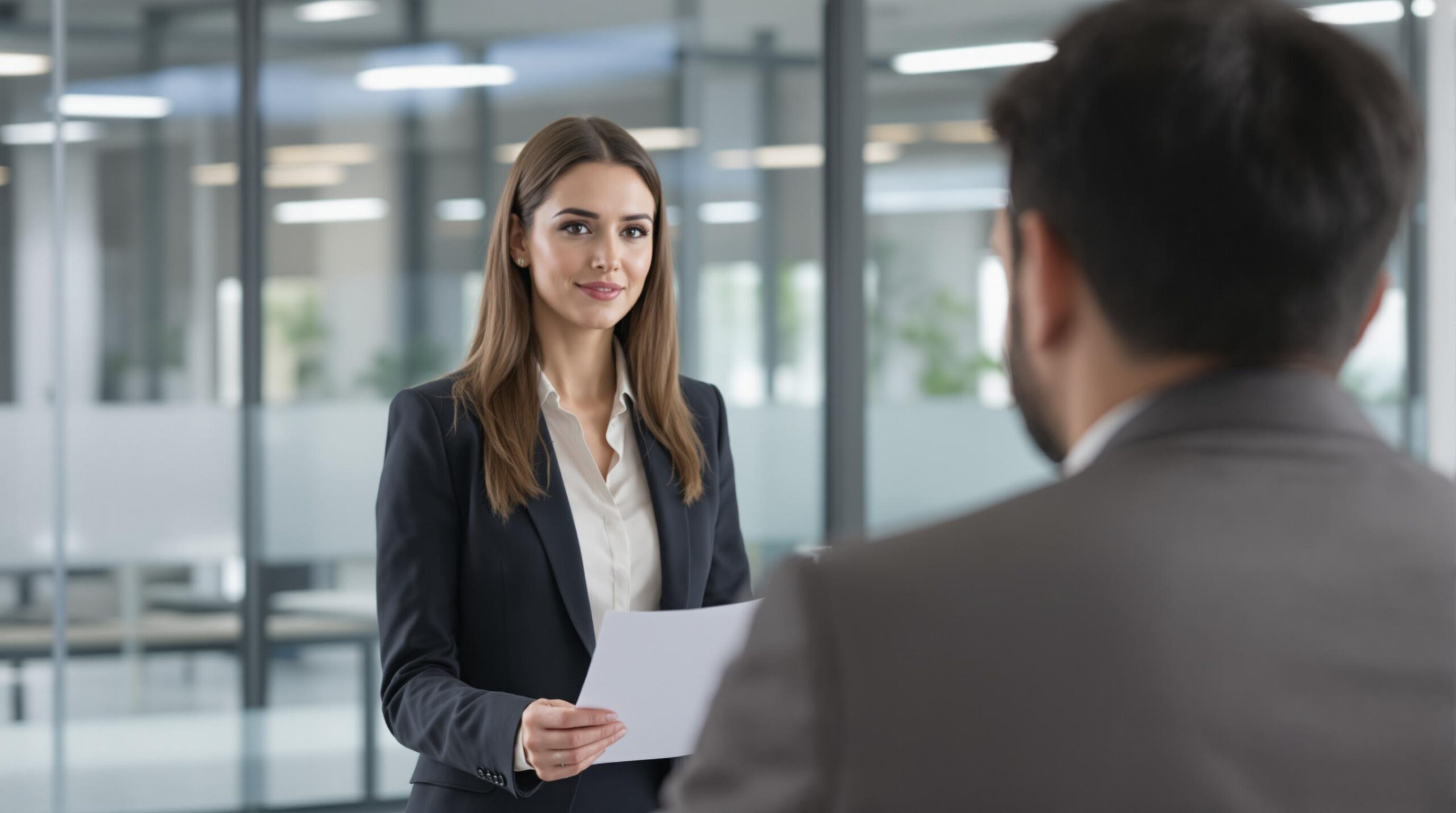 Professional woman confidently presenting a highlighted document to her contemplative male boss in a modern, sunlit office setting, demonstrating ethical workplace conversations that balance assertiveness with respect.