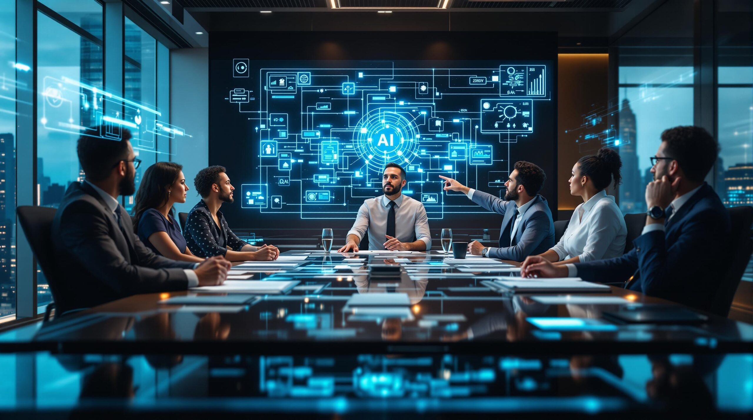 Diverse business executives demonstrate ethical leadership while analyzing AI decision trees and data visualizations in a modern corporate boardroom with holographic displays.