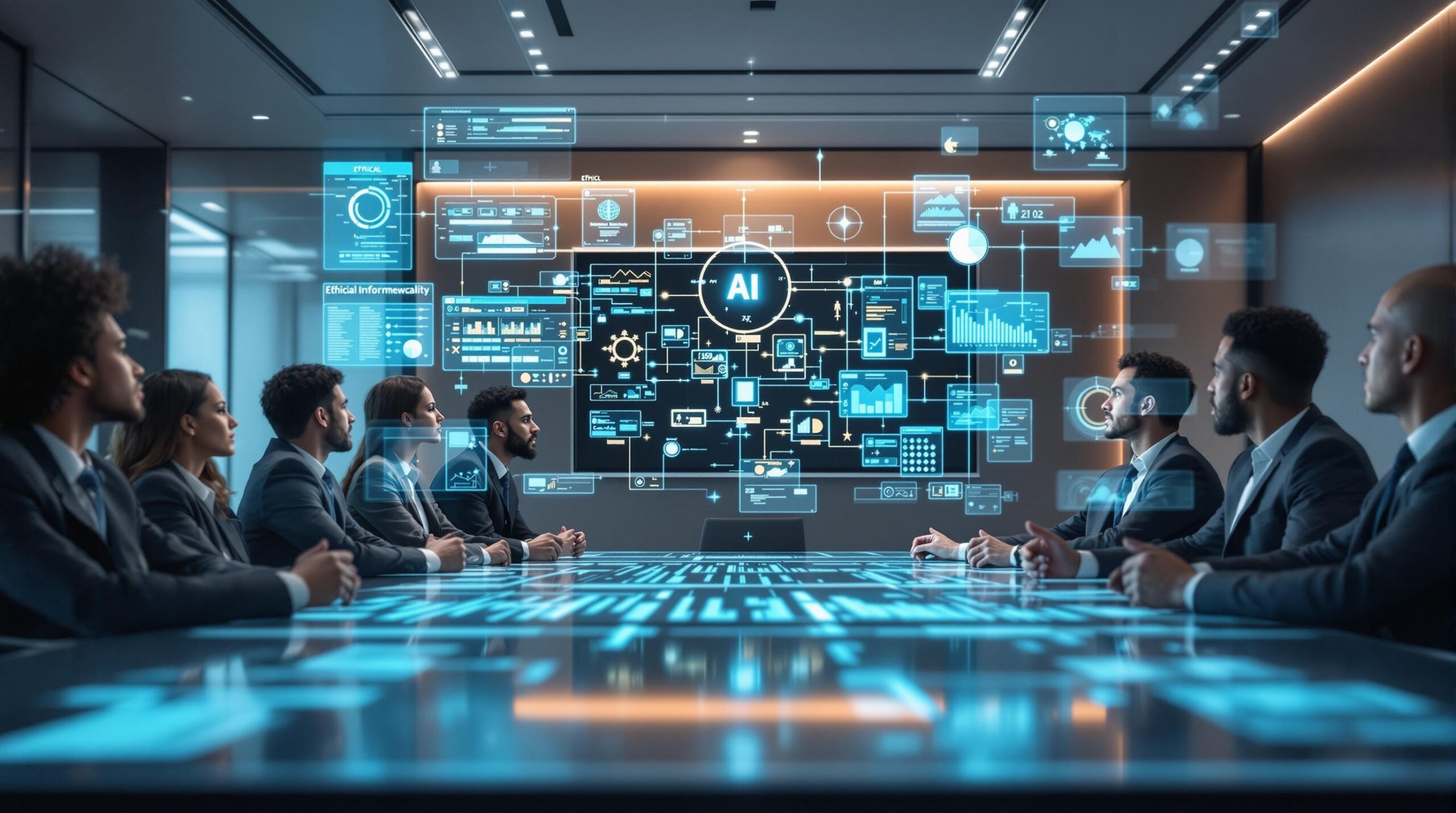 Diverse business executives demonstrating ethical leadership while analyzing holographic AI decision trees and data visualizations in a modern corporate boardroom.