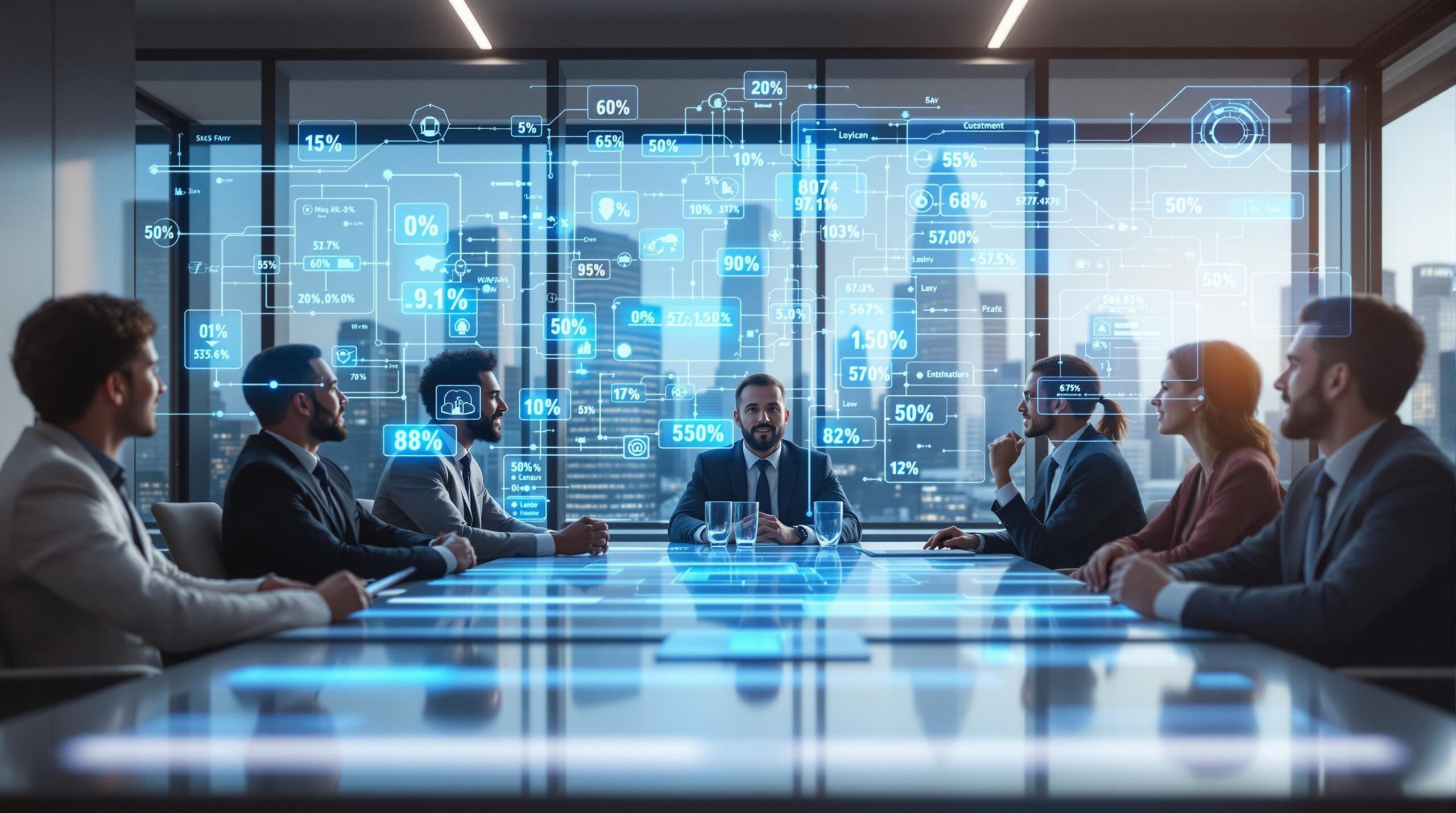 Diverse business executives in modern boardroom examining holographic AI data displays, demonstrating ethics and leadership in corporate decision-making with transparent algorithmic visualizations floating above conference table.
