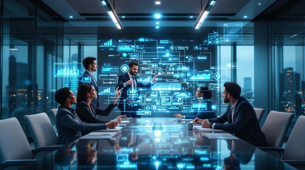 Diverse business executives demonstrating ethics and leadership while collaborating around holographic AI data visualizations in a modern corporate boardroom with city skyline backdrop.