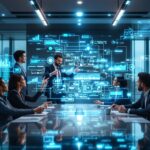 Diverse business executives demonstrating ethics and leadership while collaborating around holographic AI data visualizations in a modern corporate boardroom with city skyline backdrop.