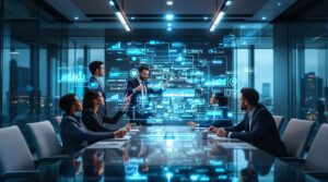 Diverse business executives demonstrating ethics and leadership while collaborating around holographic AI data visualizations in a modern corporate boardroom with city skyline backdrop.
