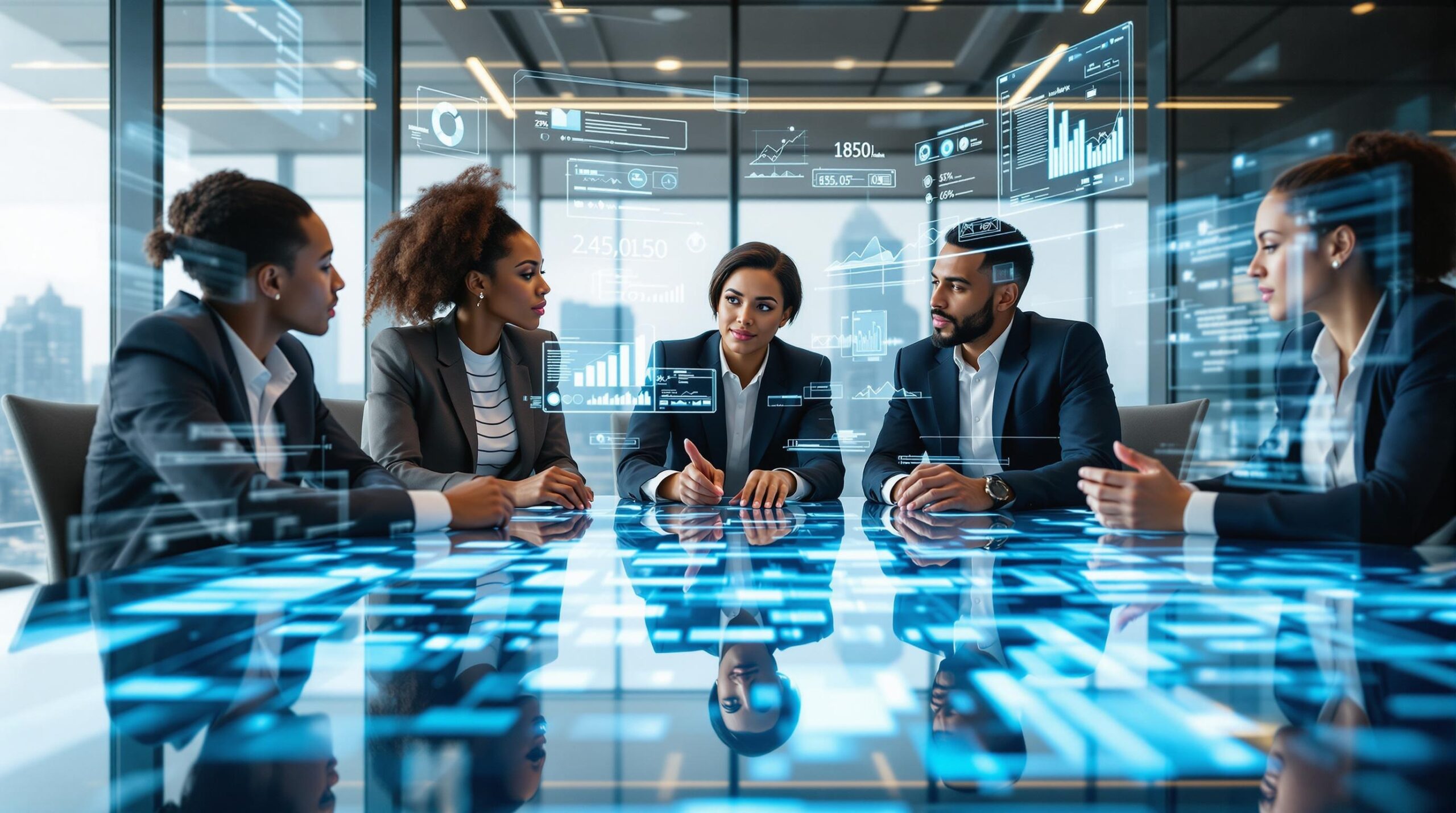 Diverse business executives demonstrate business ethics and leadership while analyzing AI bias detection data around a modern conference table with holographic visualizations in a corporate boardroom.
