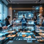 Diverse business executives in modern boardroom analyzing AI ethics data on holographic displays, demonstrating business ethics and leadership in corporate technology governance with city skyline backdrop.