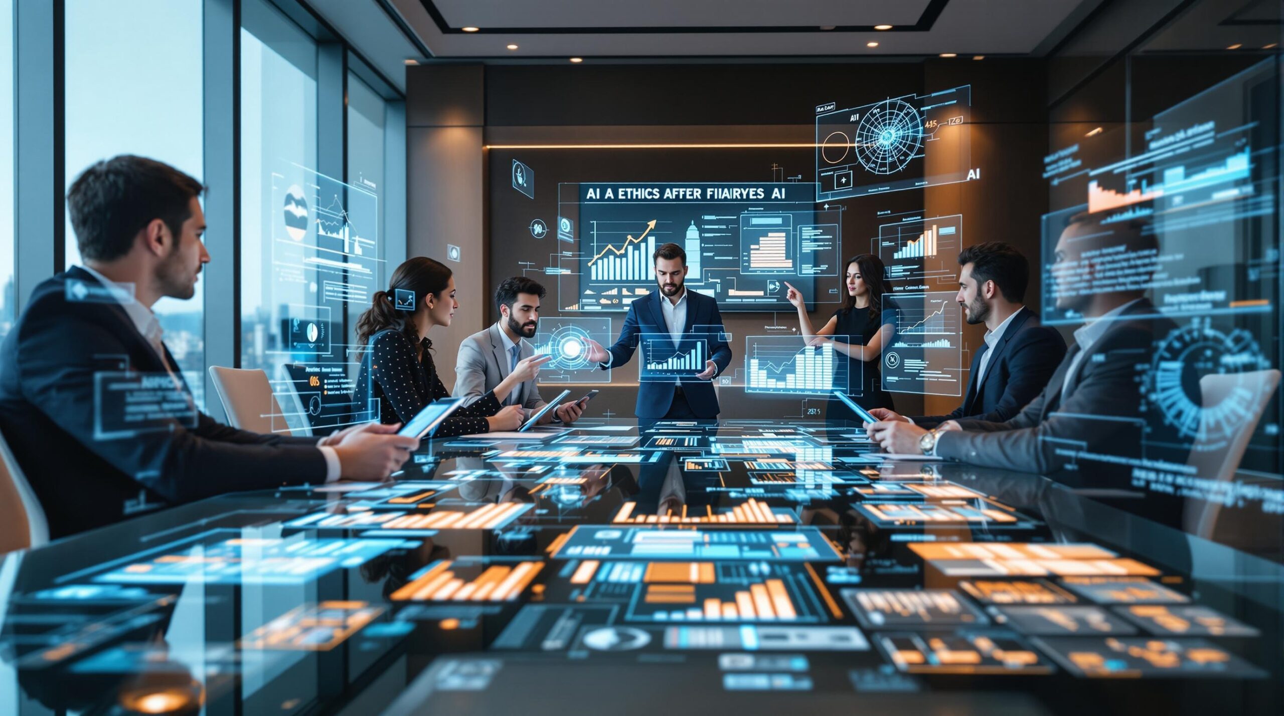 Diverse business executives in modern boardroom analyzing AI ethics data on holographic displays, demonstrating business ethics and leadership in corporate technology governance with city skyline backdrop.