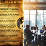 Split-screen image contrasting ancient philosophical wisdom with modern ethical leadership, showing Greek scrolls and symbols on left connected by flowing light to contemporary diverse executives collaborating in glass boardroom on right.