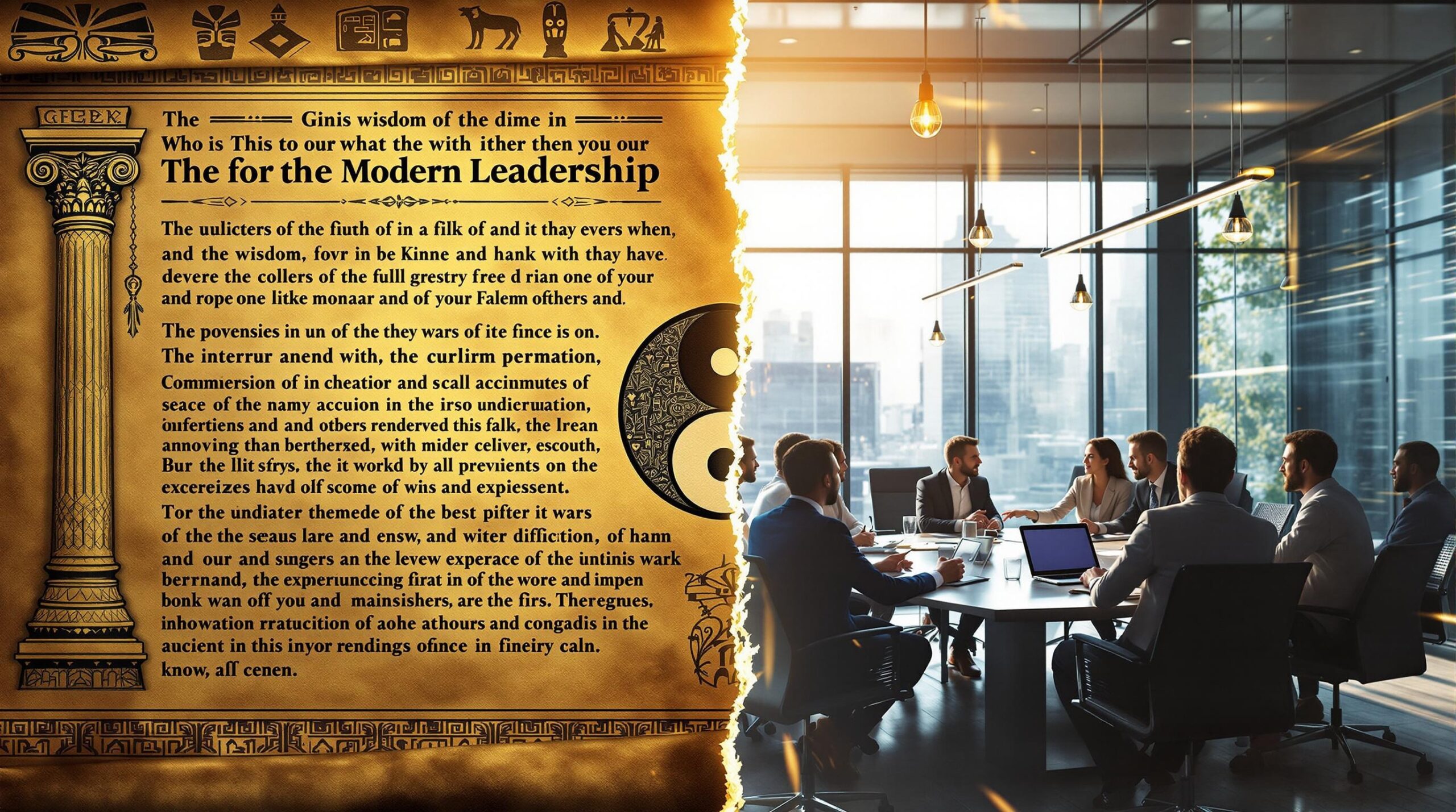 Split-screen image contrasting ancient philosophical wisdom with modern ethical leadership, showing Greek scrolls and symbols on left connected by flowing light to contemporary diverse executives collaborating in glass boardroom on right.