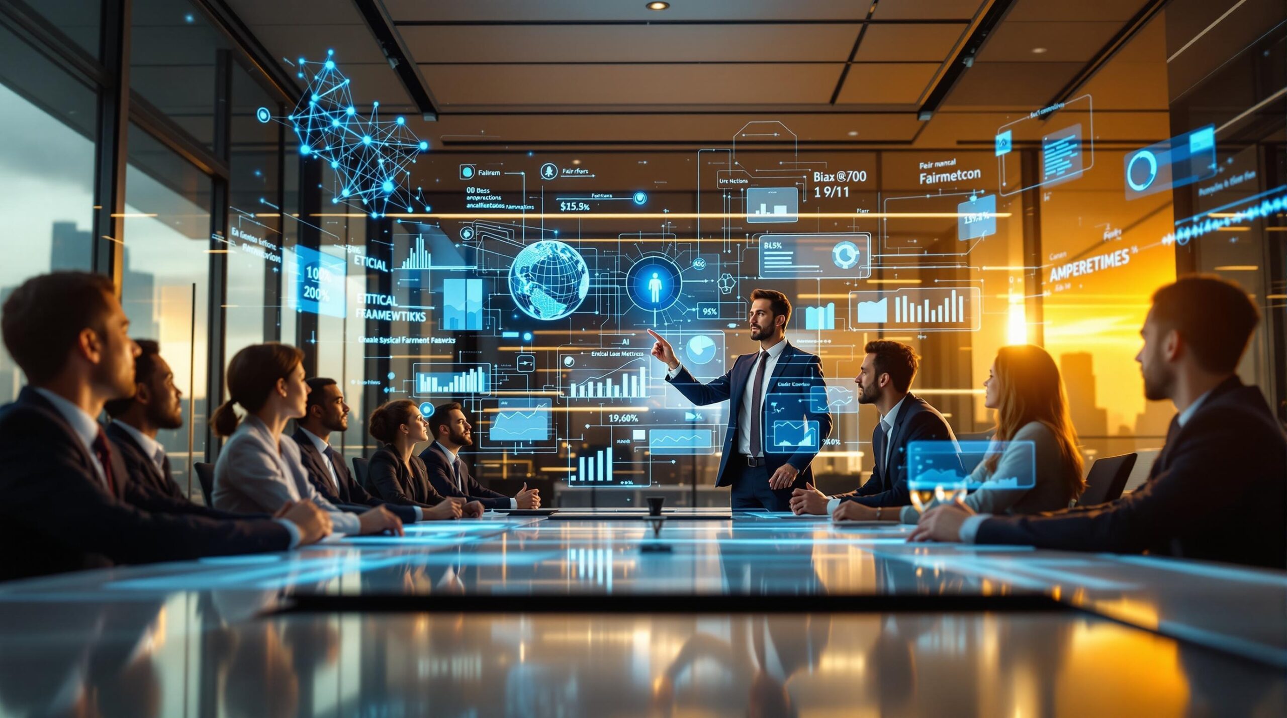 Diverse corporate executives demonstrating ethical leadership while analyzing AI bias metrics and fairness indicators through holographic visualizations in a modern boardroom setting.