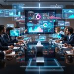 Diverse corporate executives and AI ethics professionals demonstrating ethical leadership during boardroom discussion with holographic displays showing AI bias metrics and fairness indicators above conference table.